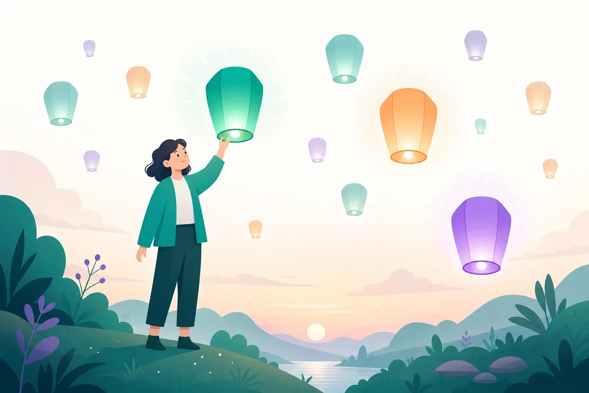 たくさんの灯りの中から、自分の灯りを選び取る人のイラスト