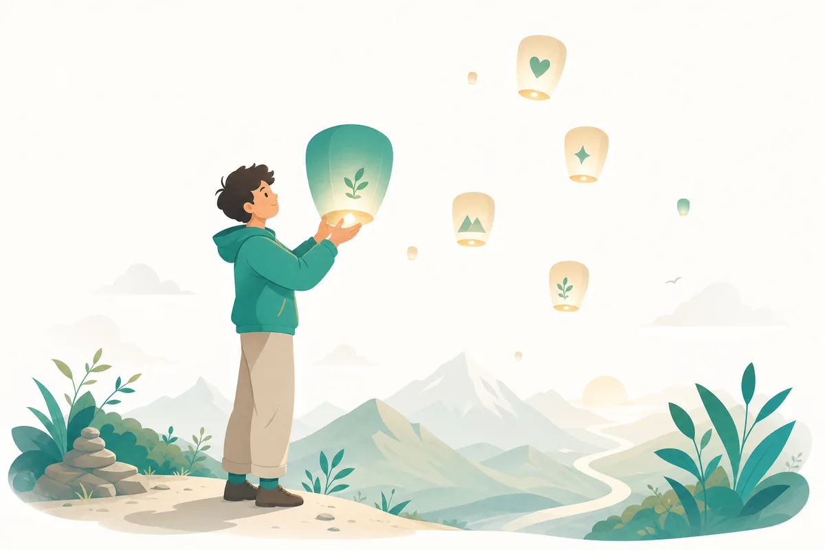 自分の価値観を道しるべに、灯りを掲げる人のイラスト