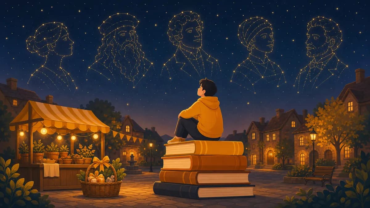 貢献の世界で偉人の星座を見上げる人のイラスト
