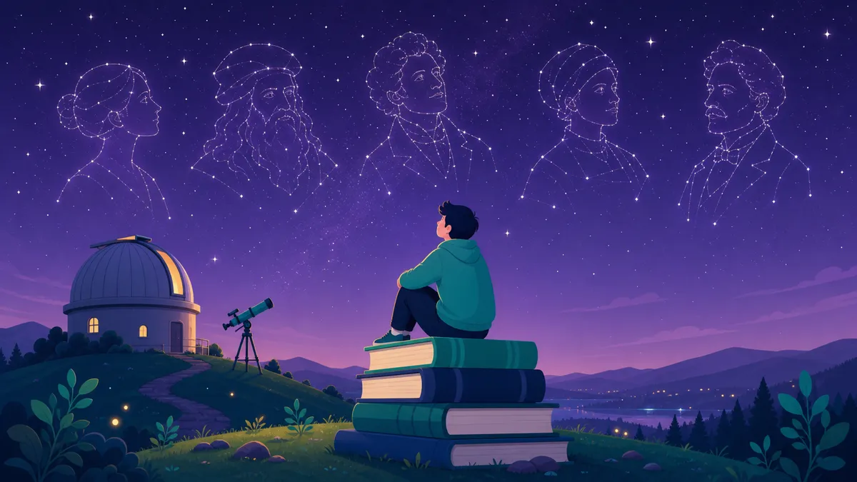 探索の世界で偉人の星座を見上げる人のイラスト