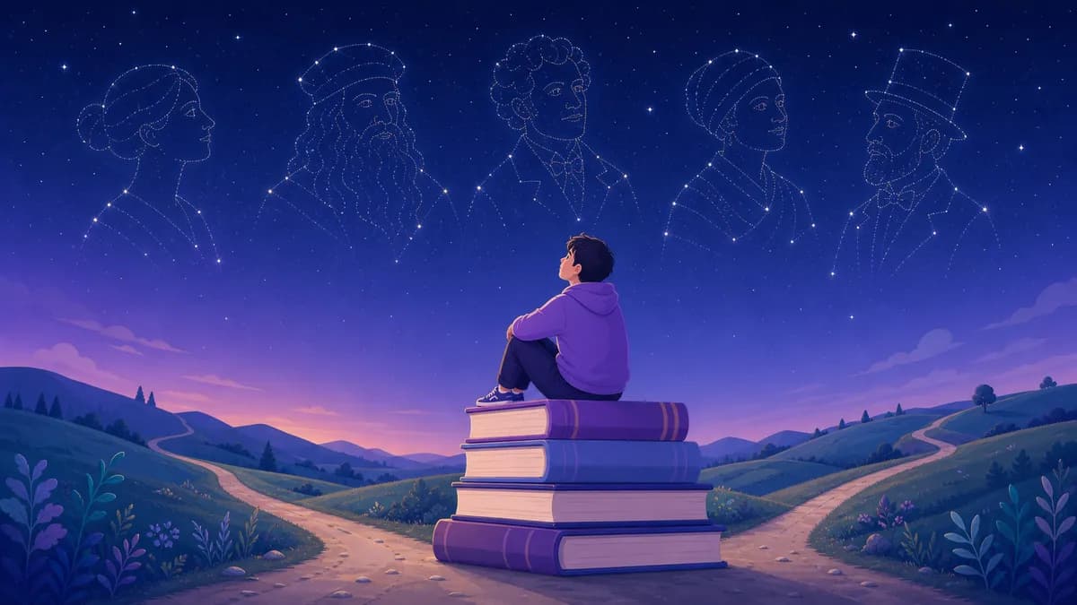 自律の世界で偉人の星座を見上げる人のイラスト