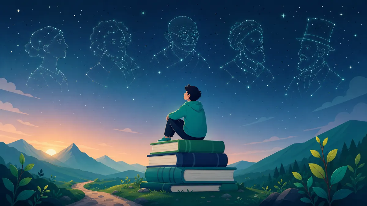 成長の世界で偉人の星座を見上げる人のイラスト