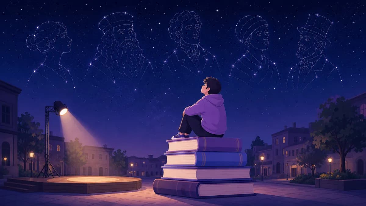 影響の世界で偉人の星座を見上げる人のイラスト