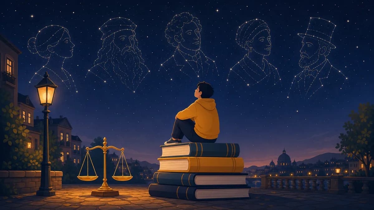 規律の世界で偉人の星座を見上げる人のイラスト