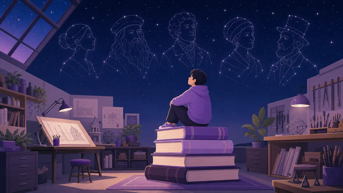 洗練の世界で偉人の星座を見上げる人のイラスト