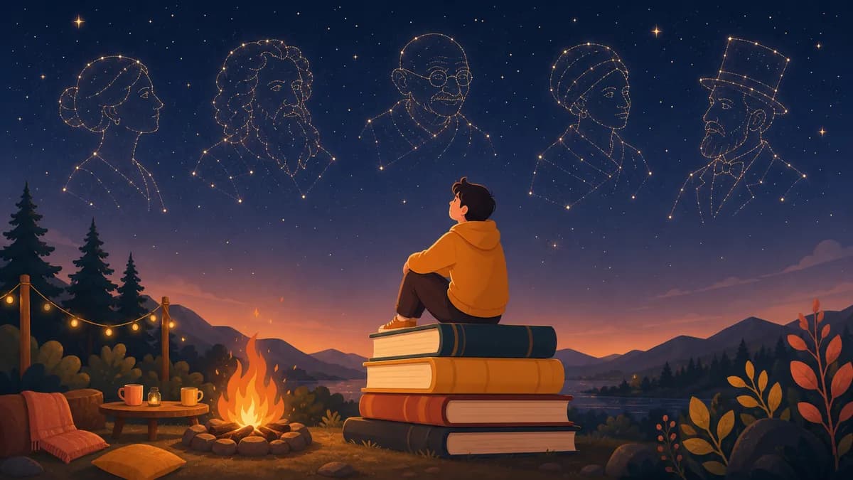 関係の世界で偉人の星座を見上げる人のイラスト