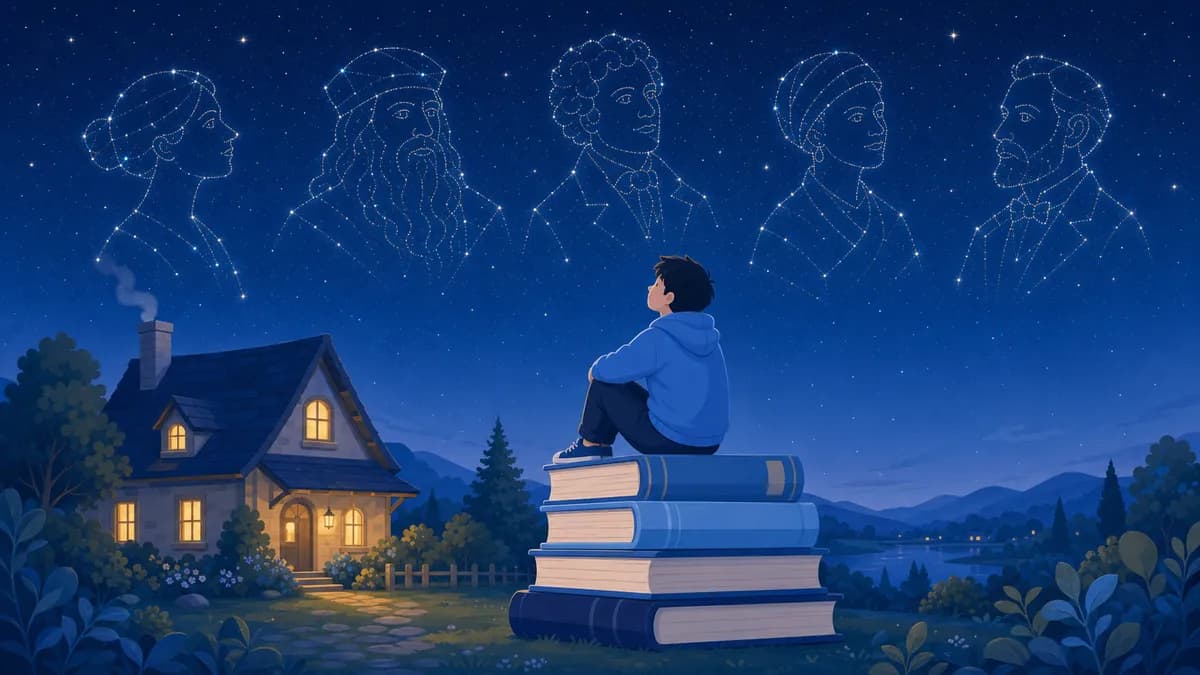 安心の世界で偉人の星座を見上げる人のイラスト