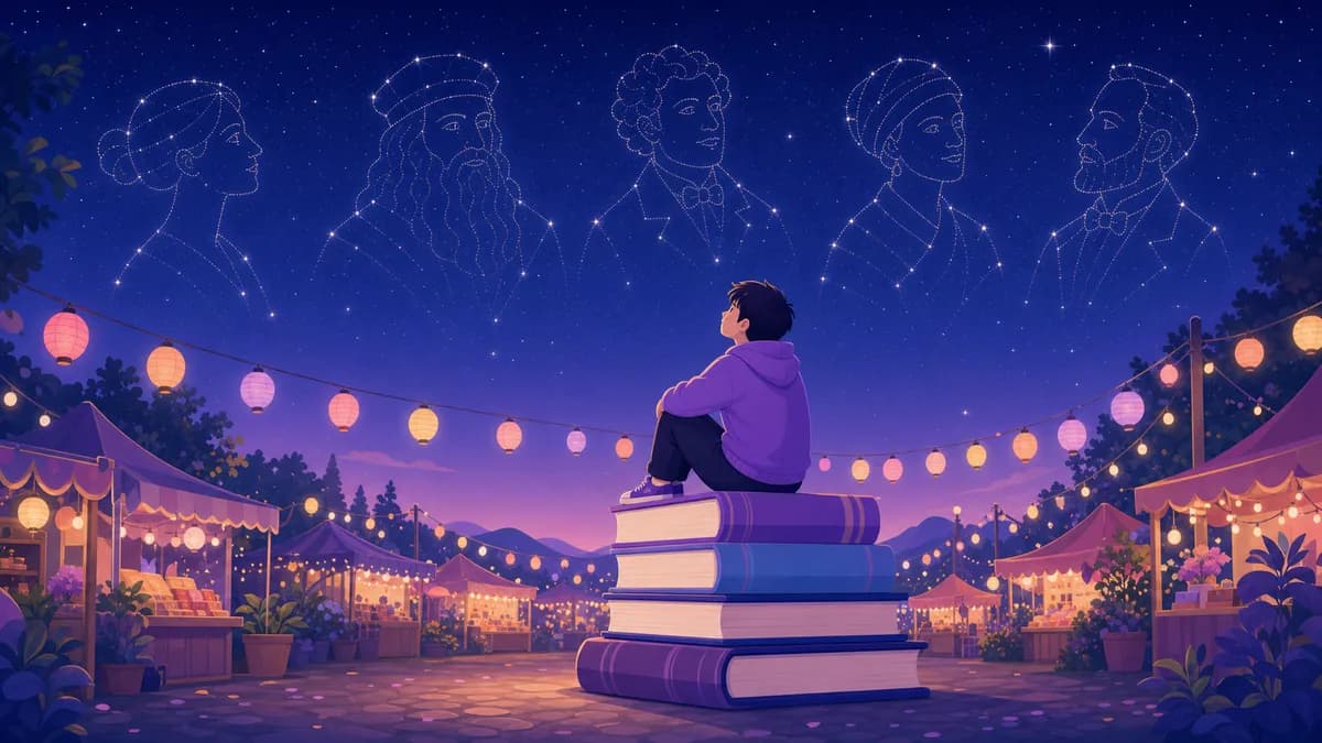 快楽の世界で偉人の星座を見上げる人のイラスト