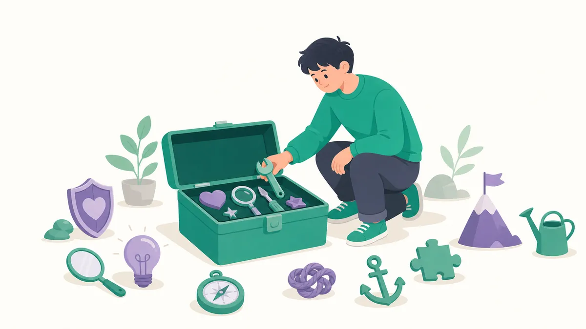 道具箱から道具を選び取る人のイラスト